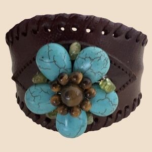 Leather Bangle with Turquoise & Tiger's Eye Flower